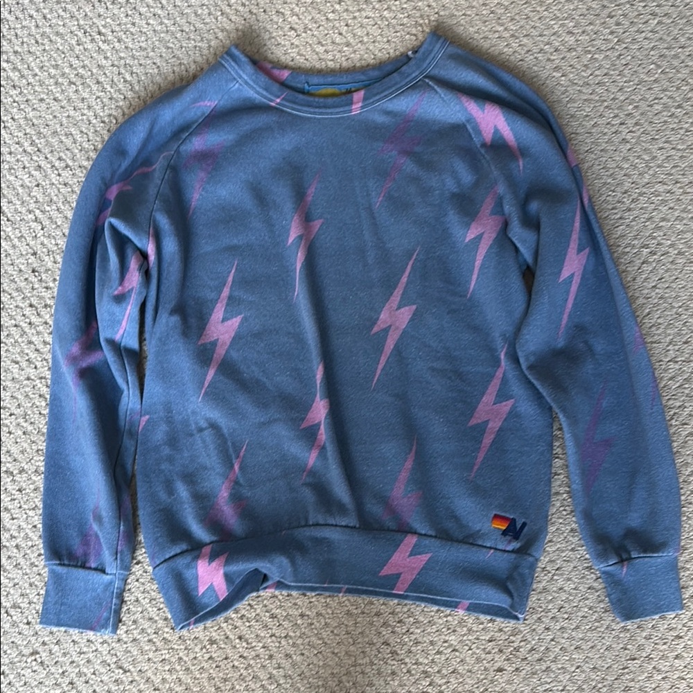 Aviator Nation blue and pink lightning bolt crew neck sweatshirt